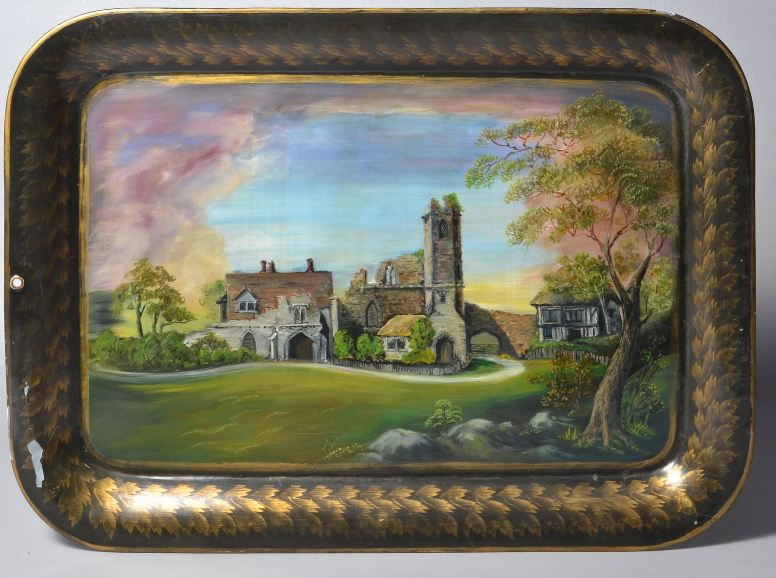 Early 20th C Tole Painted Scenic Tray (1 of 3)
