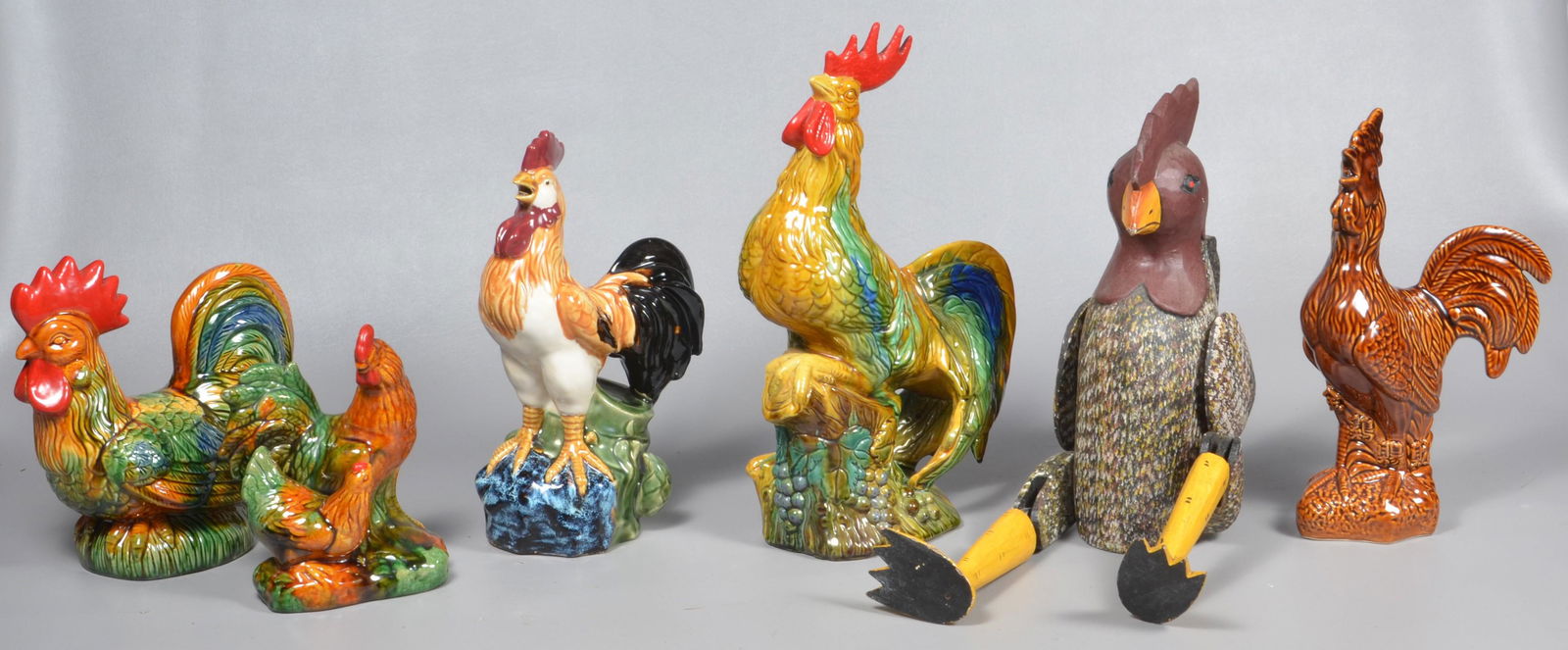 (6) Carved Wood and Pottery Roosters (1 of 4)