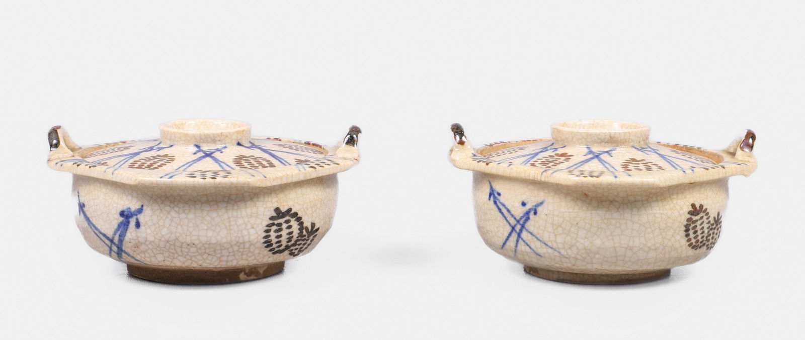 Pair of Japanese Pottery Covered Rice Bowls (1 of 3)