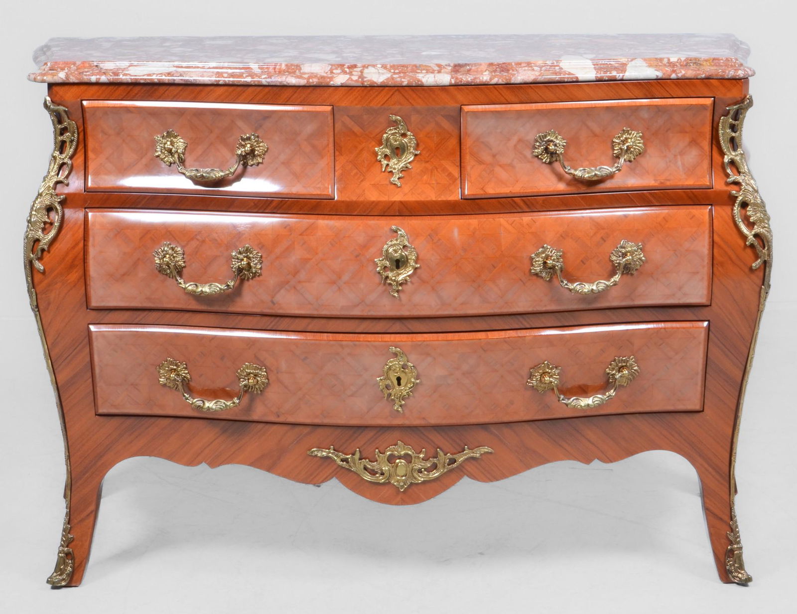 Louis XVI style parquetry inlaid bombe marbletop commode (1 of 2)