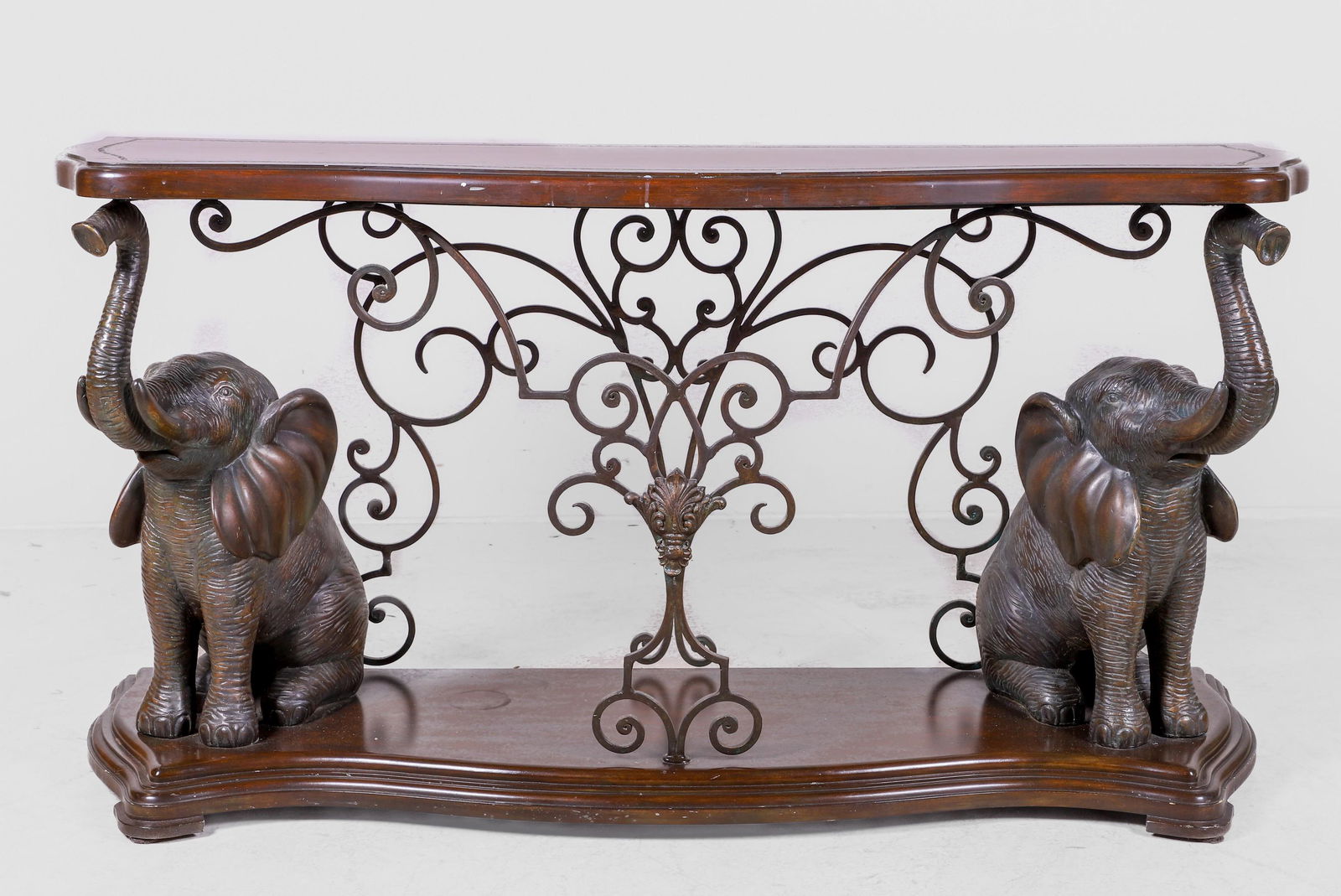 Maitland Smith style mahogany and metal serpentine console table (1 of 4)