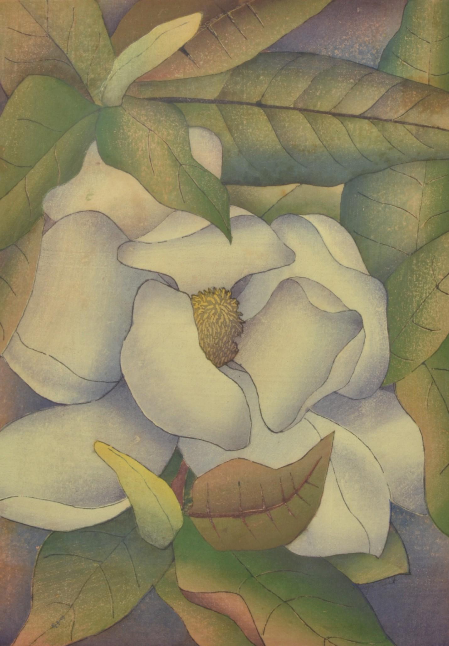 Luigi Rist "Magnolias Grandiflora: Luigi Rist (American, 1888-1959) "Magnolias Grandiflora", color woodblock on paper, hand signed "Luigi Rist" on the image, 13-7/8" x 9-3/4" image, framed 23" x 19", good condition, light toning and ma