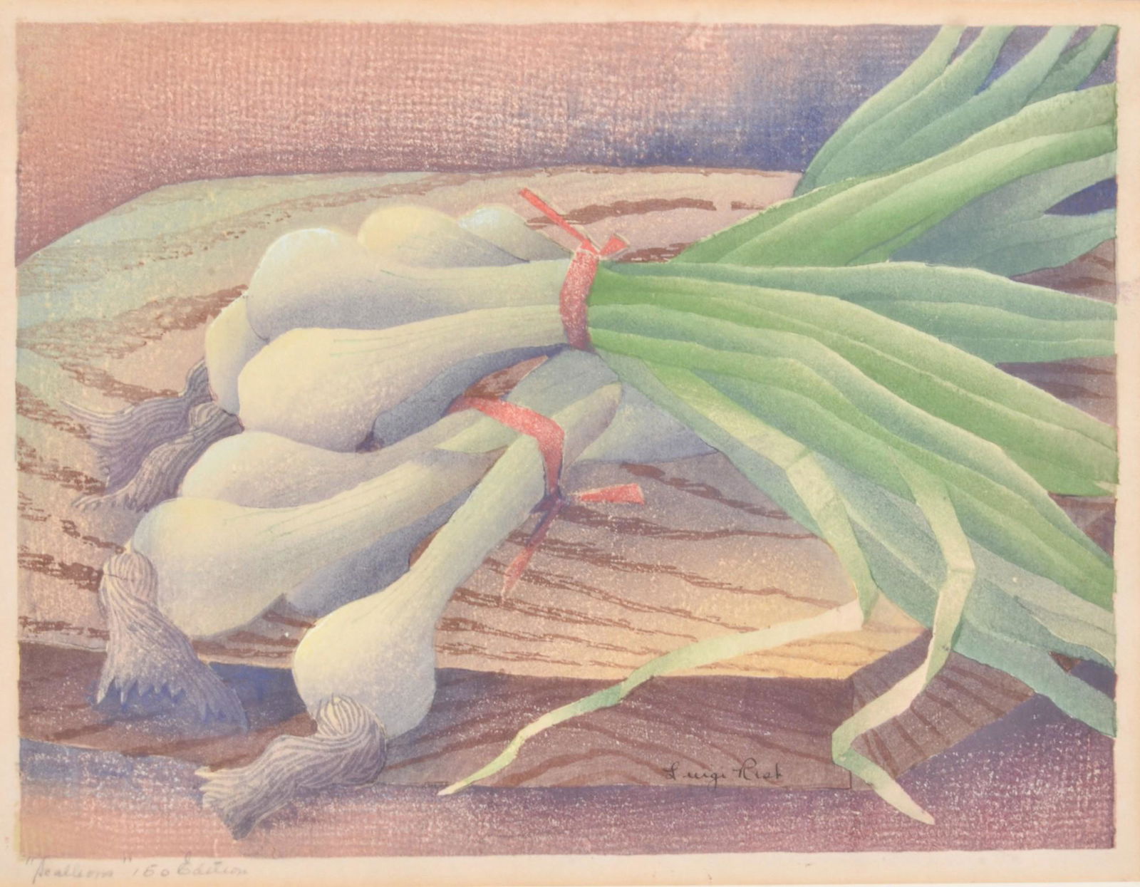 Luigi Rist "Scallions": Luigi Rist (American, 1888-1959) Luigi Rist (American, 1888-1959) "Scallions", color woodcut on paper, hand signed "Luigi Rist" on the image, inscribed 150 edition, 7" x 9-3/8" image, framed 19" x 23"