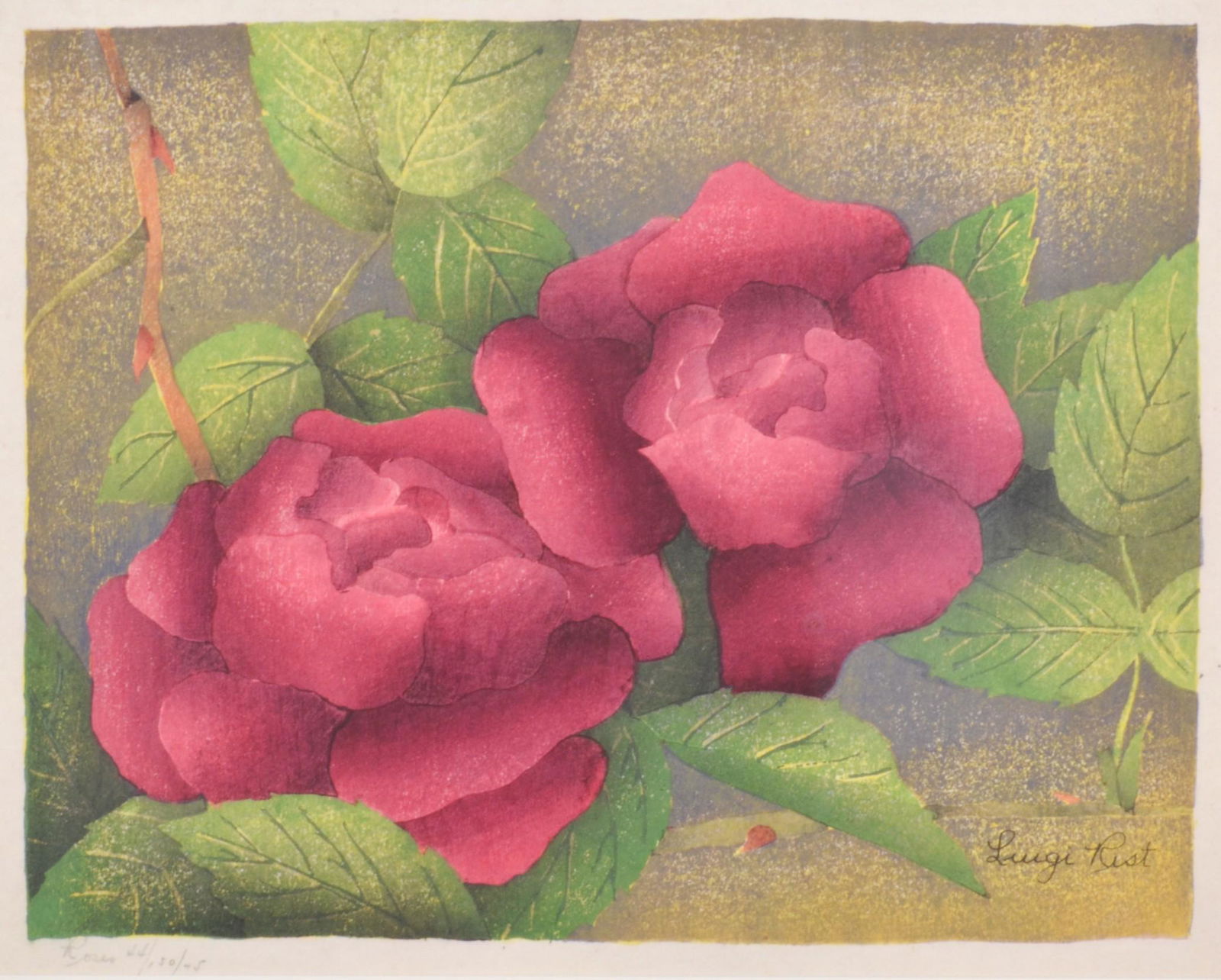Luigi Rist "Roses": Luigi Rist (American, 1888-1959) "Roses", color woodcut on paper, hand signed "Luigi Rist" on the image, 7-1/8" x 9-1/8" image, framed 19-1/4" x 23-1/4", good condition, not inspected out of frame