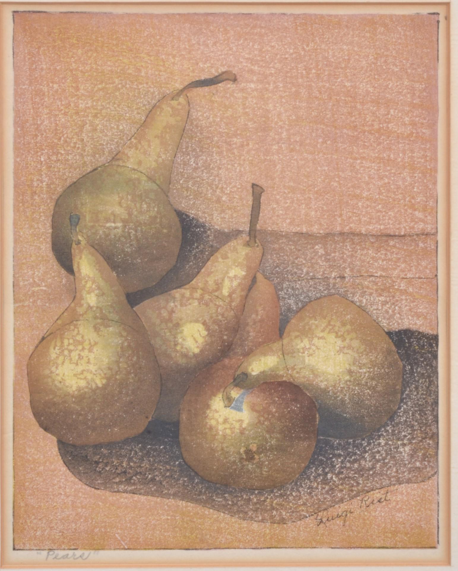 Luigi Rist "Pears": Luigi Rist (American, 1888-1959) "Pears", color woodcut on paper, hand signed on image, 9" x 7-1/8" image, framed 23" x 19", good condition, mat burn, not examined out of frame