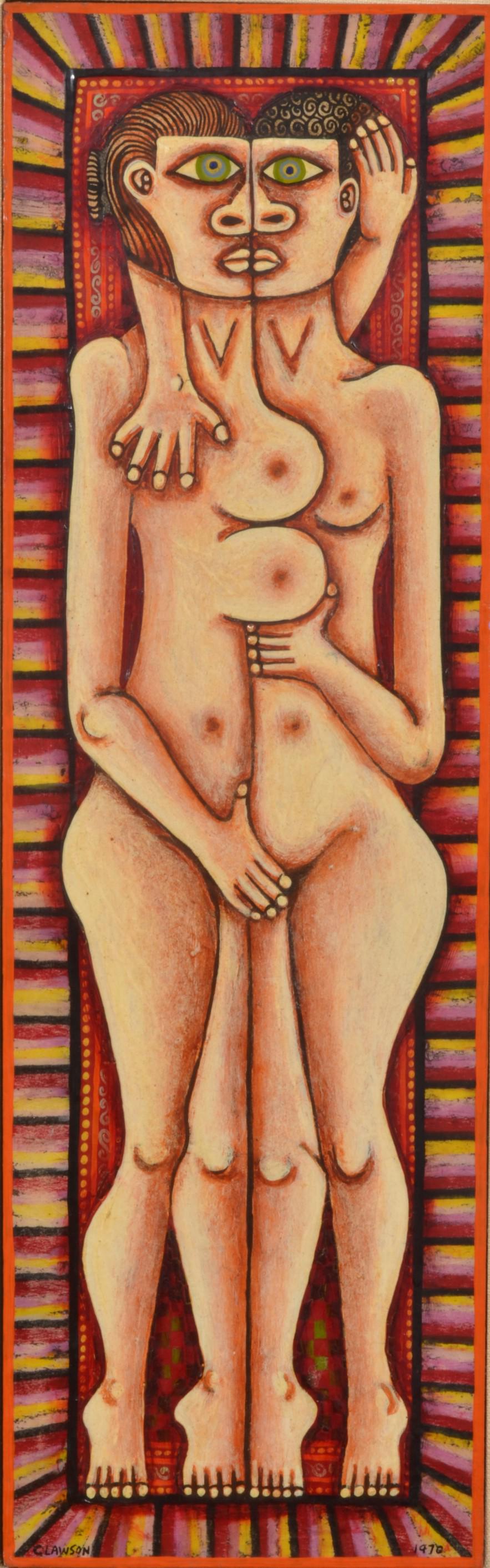 Rex Clawson Untitled Nude Couple: Rex Clawson (American, 1929-2007) Untitled Nude Couple, oil on board, signed "Clawson 1970", 18-7/8" x 5-7/8", framed 23-3/4" x 10-3/4", excellent condition