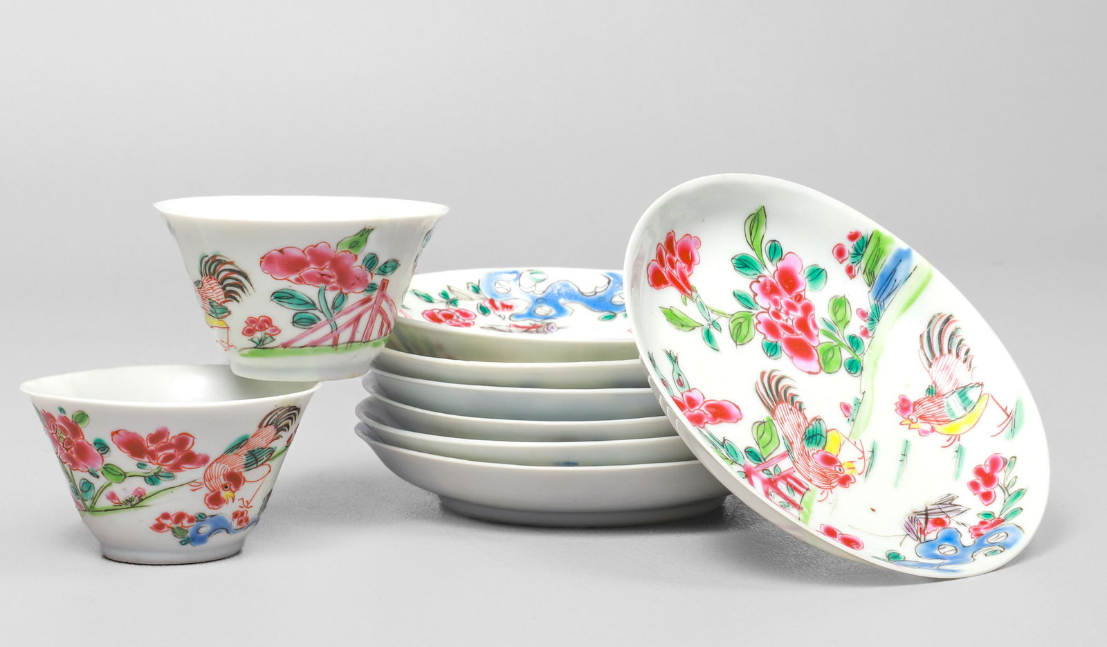 (9) 18th/19th C Chinese Rooster Cups and Saucers (1 of 7)