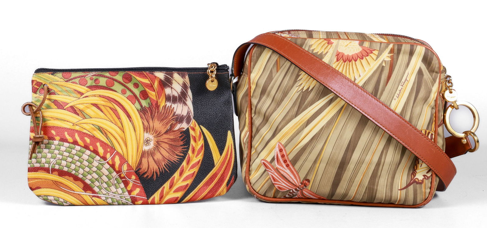 Ferragamo Bird and Butterfly Bag and Pouch: Ferragamo bird and butterfly bag and pouch to include grass patterned leather trimmed nylon bag in butterfly, dragonfly and bird decoration with matched leather strap, gold tone loop hardware joined,
