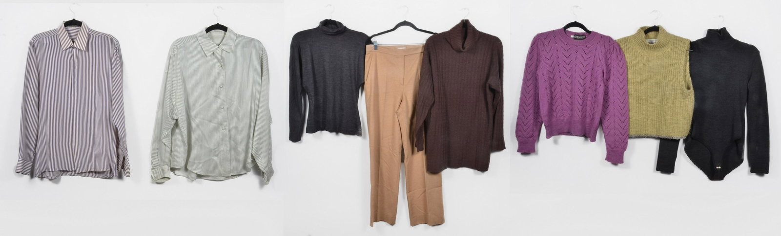 Vintage and Designer 90's Group: Vintage and designer 90's group to include Max Mara camel hair ladies high waist trousers, USA 8, vintage Michael Kors 'Kors' brown wool and angora cablenit turtleneck sweater, S, Max Mara grey wool z