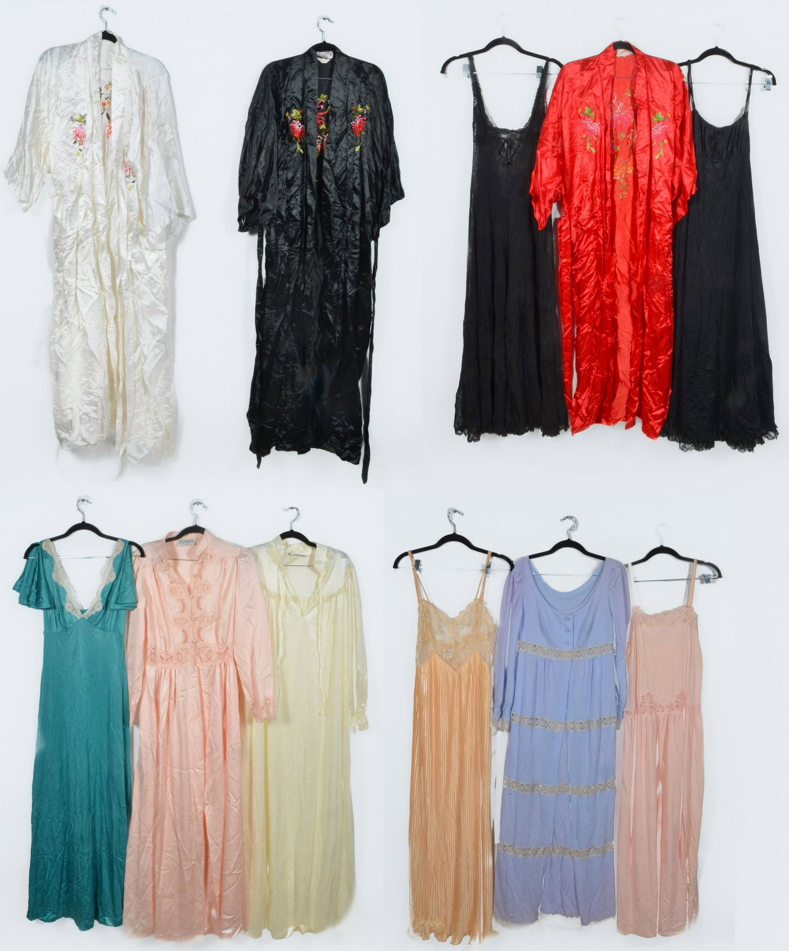 Vintage Bedroom Wear and Robes: Vintage bedroom wear and robes to include Rosa Puleo-Szule Lily of France pink lace long sleeve overslip, scuff to shoulder, pink polyester lace openwork dropped waist strapless nightgown, Studio Coll