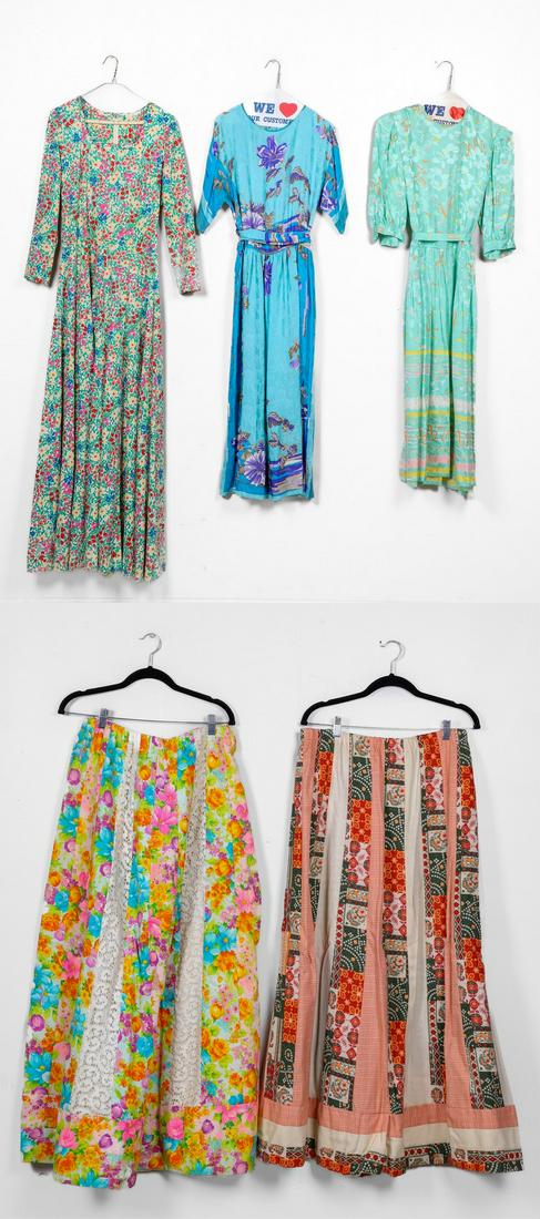(5) 1970's Skirts and Dresses: (5) 1970's skirts and dresses to include Umi Collections by Anne Crimmins all silk pucci style floral jacquard dress, 12, Adrianna Papell patterned seafoam silk dress, 14, Marek New York ditsy floral 
