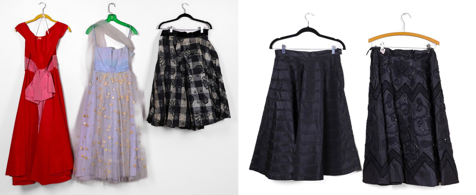 (5) 1950's Skirts and Dresses: (5) 1950's skirts and dresses to include pale blue and tulle party dress with iridescent painted dot decoration, tulle joined sweetheart neckline, tulle shoulder wrap and tiered pleated hem, metal zip