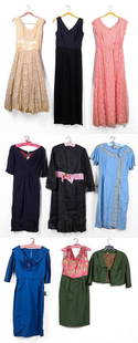 (8) 1950's Dresses: (8) 1950's dresses to include blue 3/4 sleeve day dress with outturned collar, pleated floral at front, 38" bust, 28" waist, 40" hips, Ceil Chapman silk evening dress with cross pleated neckline, 3/4