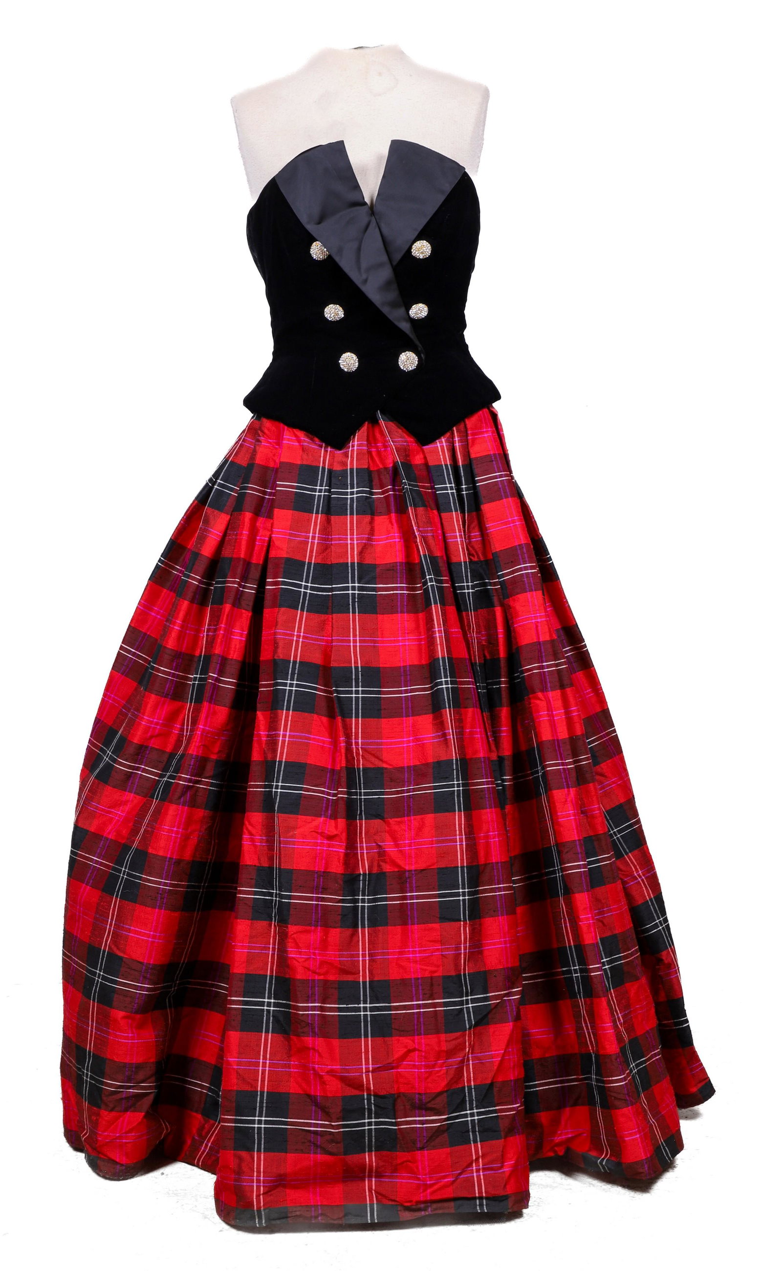 Bellville Sassoon Lorcan Mullany Gown: Bellville Sassoon Lorcan Mullany gown, 21st c., Made in England silk and nylon gown with silk velvet tuxedo style double breasted halter bodice with rhinestone set buttons over silk taffeta skirt, ret