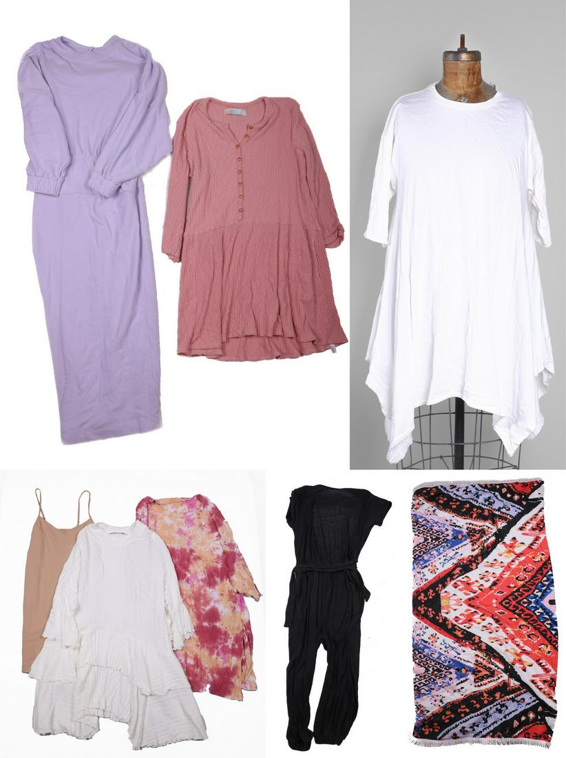 Free People Beach Garments: Free People beach garments to include FP Beach black ribbed open back tie neck jumpsuit, M, NWT FP Beach mock neck ribbed cotton ruffle hem blouse/cover, Intimatley FP tiedye oversized pocket blouse/c