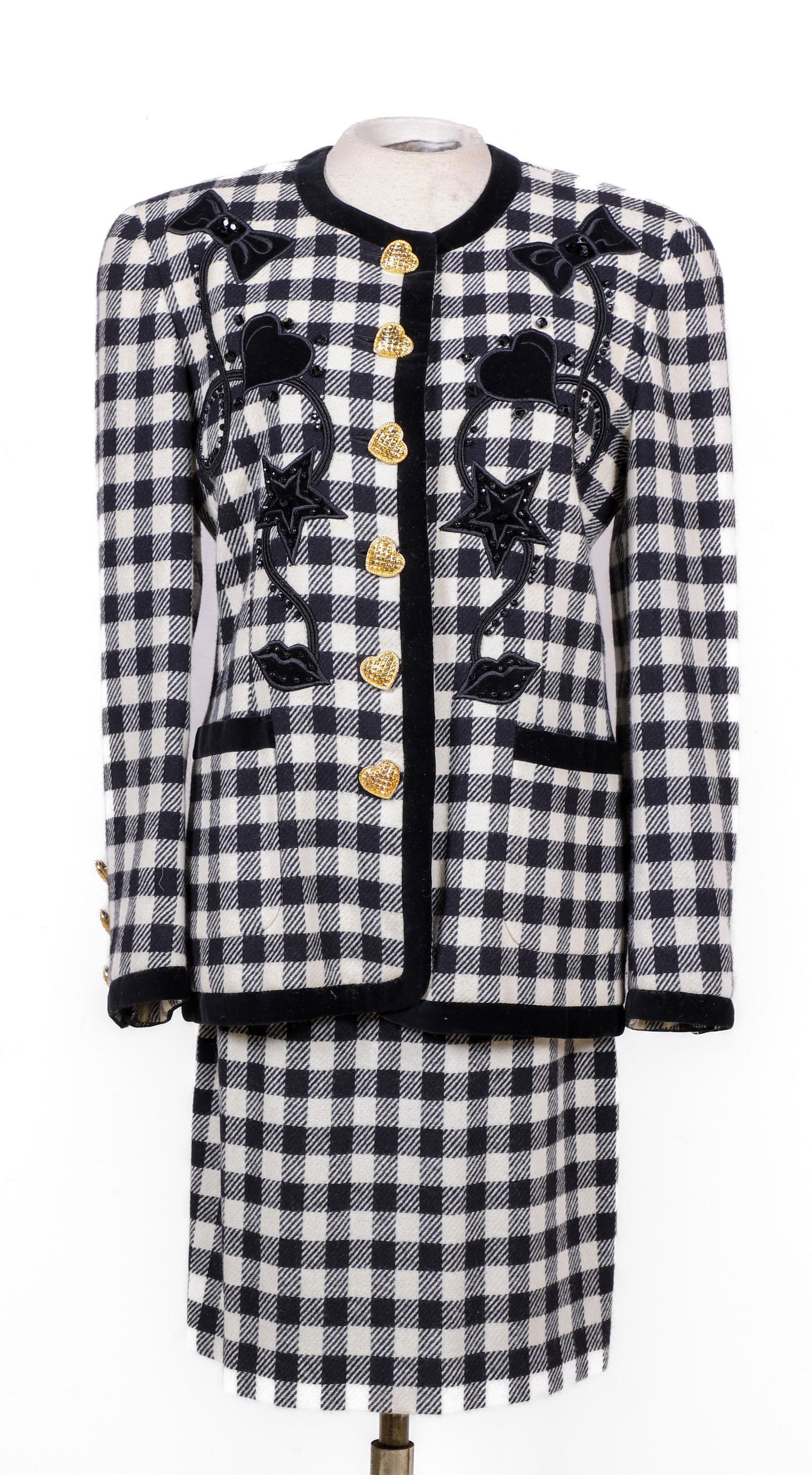 Vintage Escada Margaretha Ley Plaid Skirt Suit: Vintage Escada Margaretha Ley plaid suit, fantastic buffalo check blazer in applied heart, bow, star and lip black velvet decoration, with hand added black beadwork and gold tone quilted heart form bu