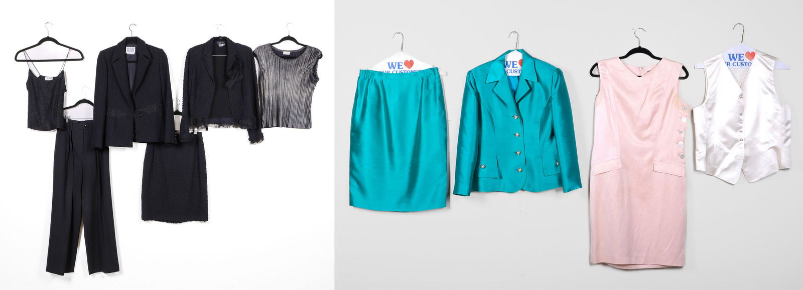 Designer Garment Group: Designer garment group to include Bill Blass wool knit blazer with cinch cord embroidered waist closure, black lace Bill Blass tank, Escada trousers, 36, Teri John ruched gauze skirt suit, 6, iridesce