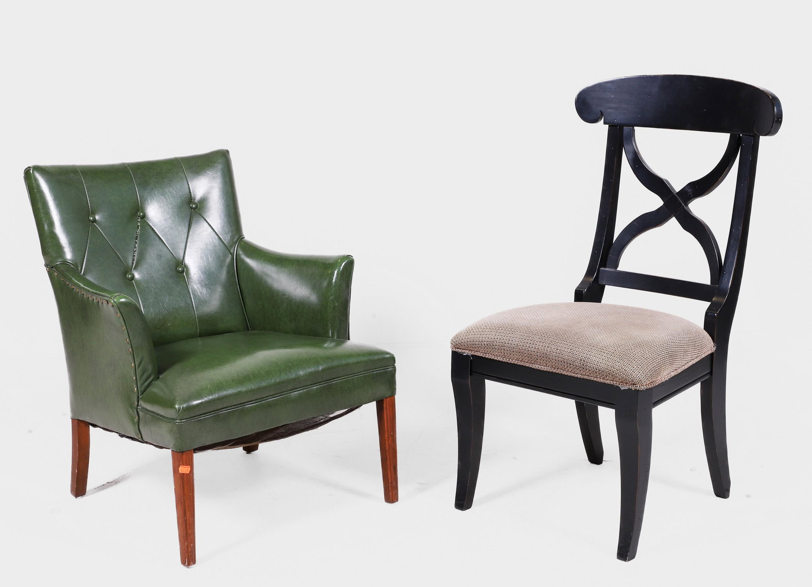 Contemporary ebonized side chair, Louis XVI style green leather armchair: Contemporary ebonized side chair, upholstered seat, along with Louis XVI style green leather armchair, largest 31"h x 28"w x 26"d