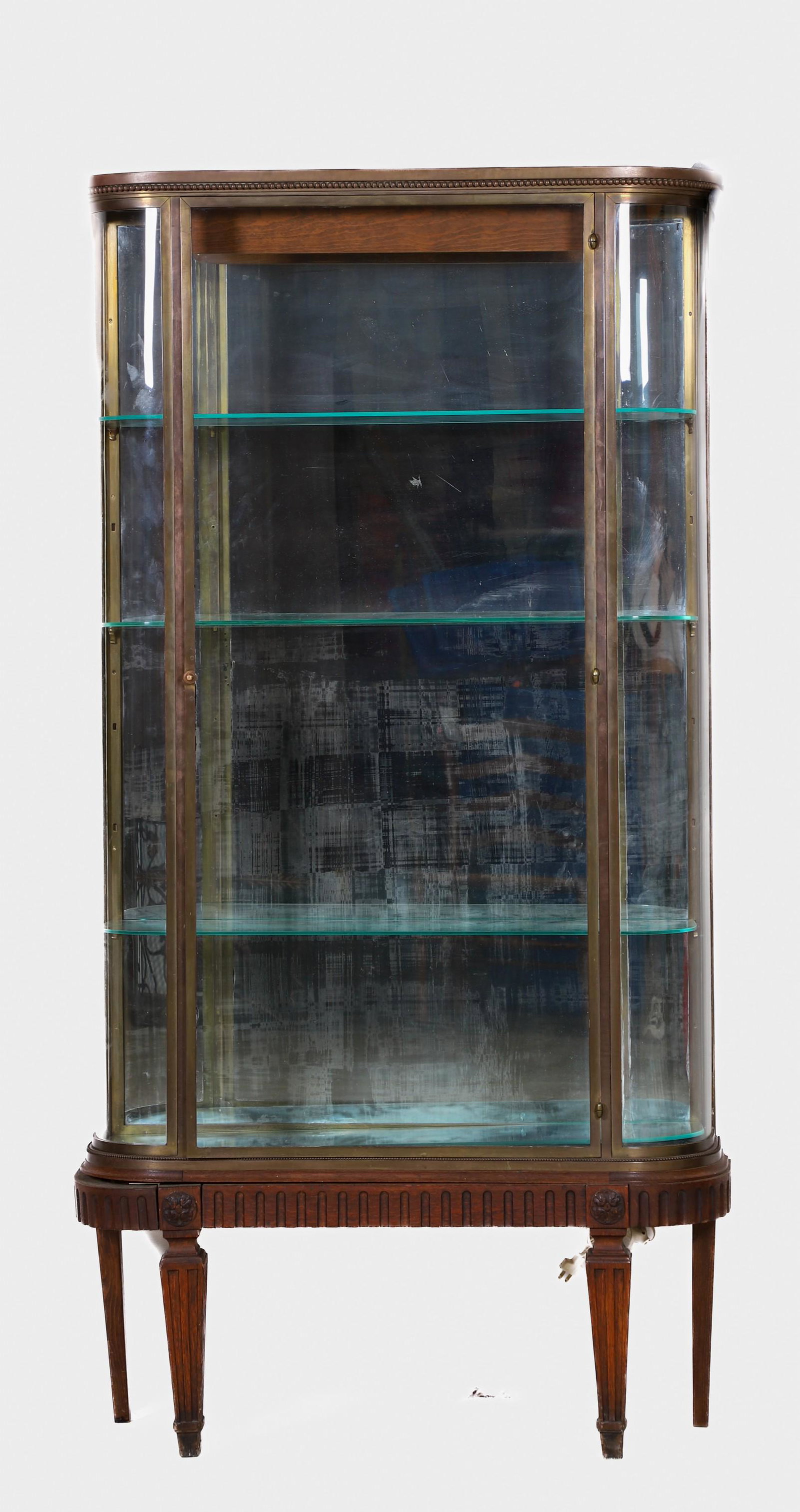 French style bronze and mahogany display cabinet: French style bronze and mahogany display cabinet, single glass door, mirrored back, glass shelves, on new mahogany base with rosettes over reeded tapered legs, 78"h x 36"w x 10-1/2"d