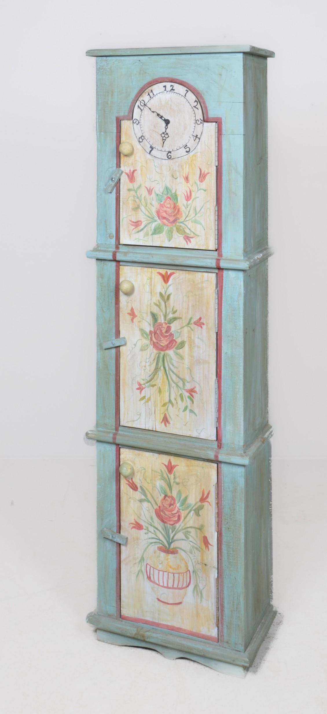 Paint decorated storage cabinet with painted clock front (1 of 4)