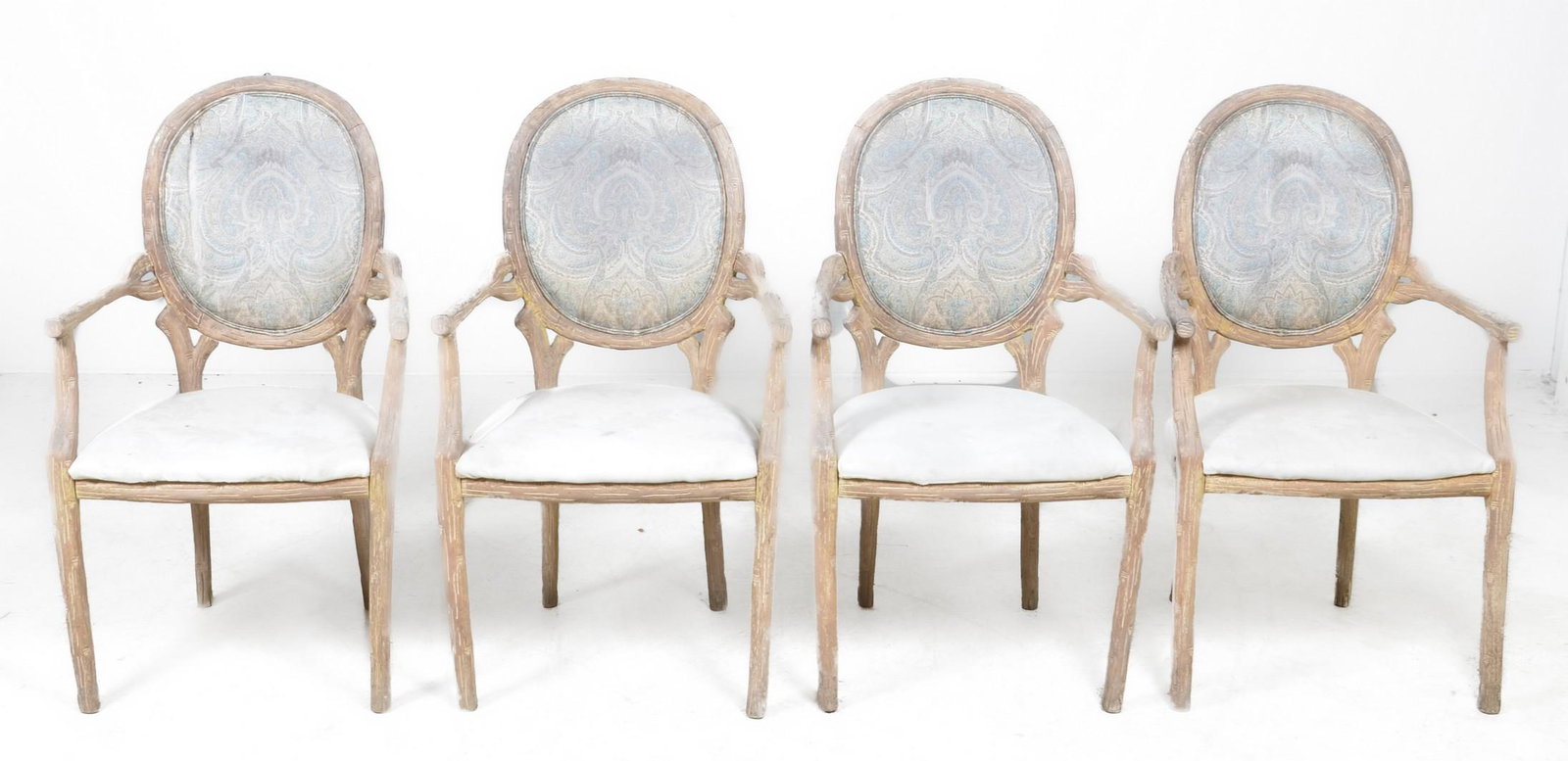 (4) Branch form open armchairs: (4) Branch form open armchairs, oval backs, branch form frame, 40"h x 20"w x 23"d, needs reupholstered