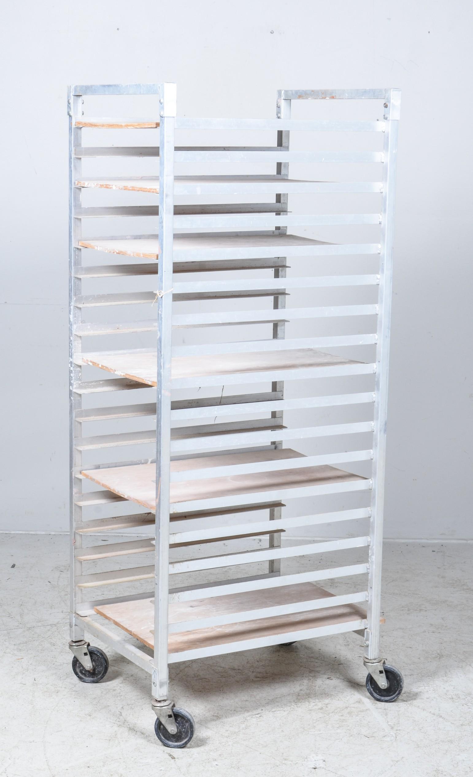 Adjustable baker's cooling rack: Adjustable baker's cooling rack, on wheels, some with boards, 63"h x 26"w x 21