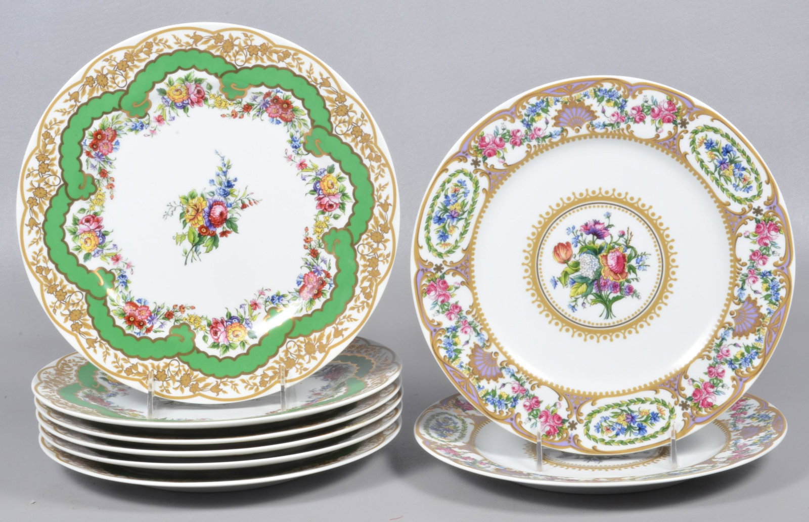(8) Andrea by Sadek Collection Sevres Plates: (8) Andrea by Sadek Collection Sevres porcelain dinner plates, inspired by eighteenth century Sevres porcelain, 10-1/2" dia, c/o (6) green, (2) purple