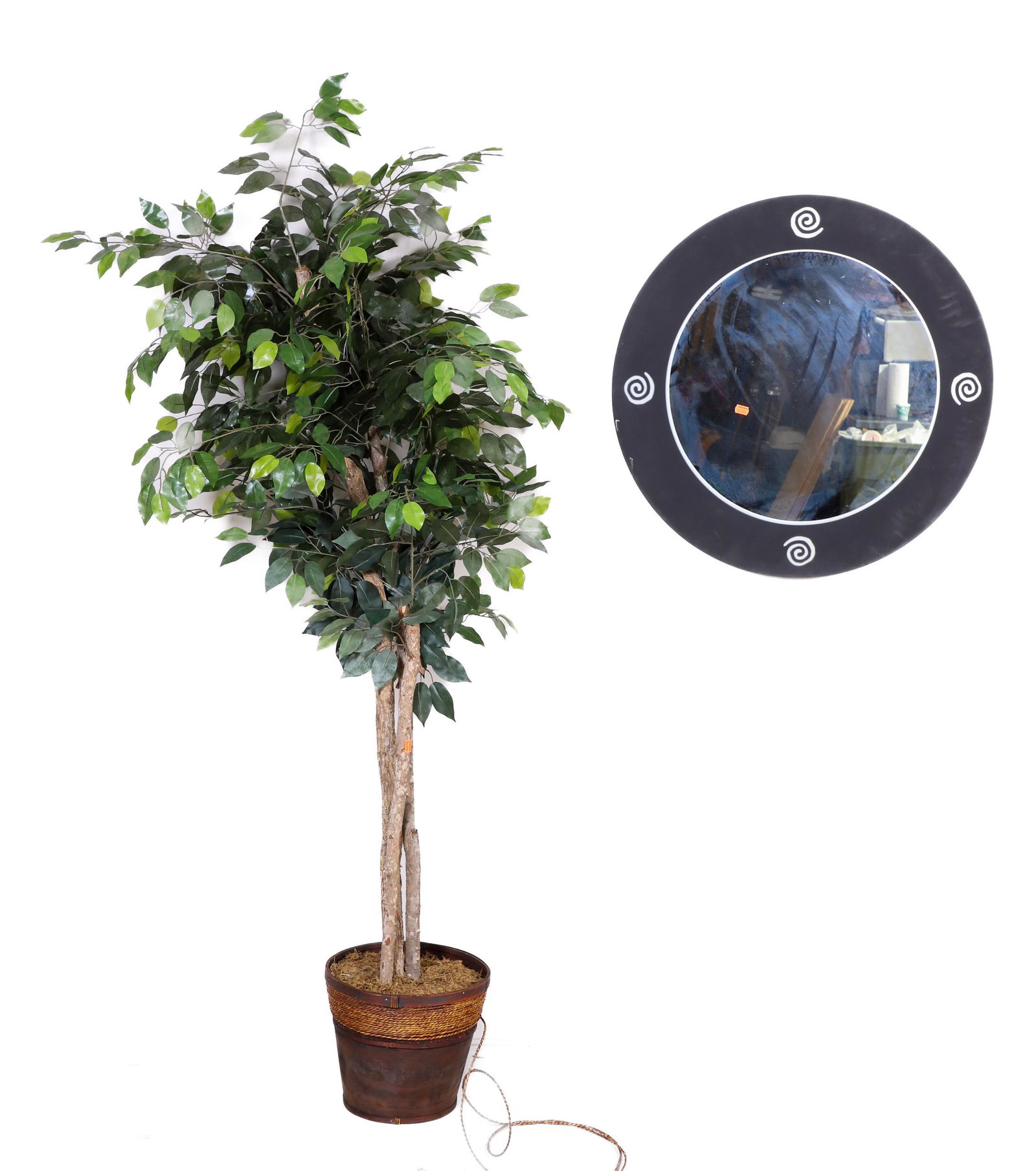 Modern Design etched hanging wall mirror, fake plant (1 of 1)