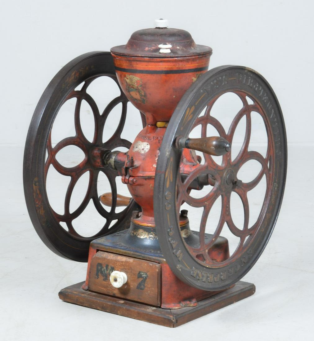 Enterprise Manufacturing, Philadelphia Coffee grinder: Enterprise Manufacturing, Philadelphia Coffee grinder, iron red and black painted with gilt decoration, 21"h x 20"w