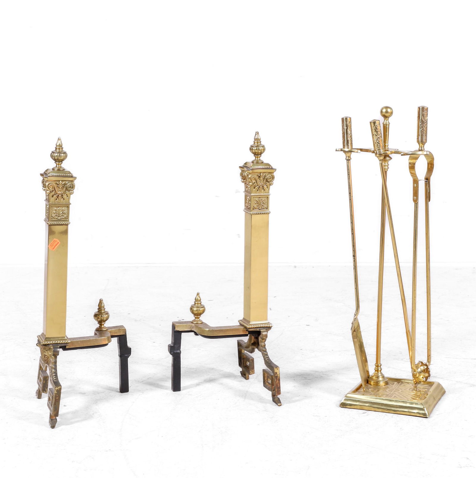 (3) pc brass fireplace set and andirons (1 of 2)
