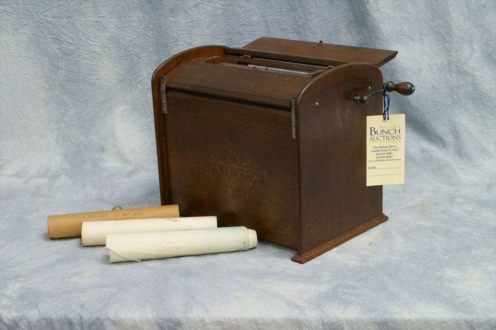 Walnut Organette roller organ original gold stenci: Walnut Organette roller organ original gold stenciling, 3 rolls, may not be original to machine, but they work