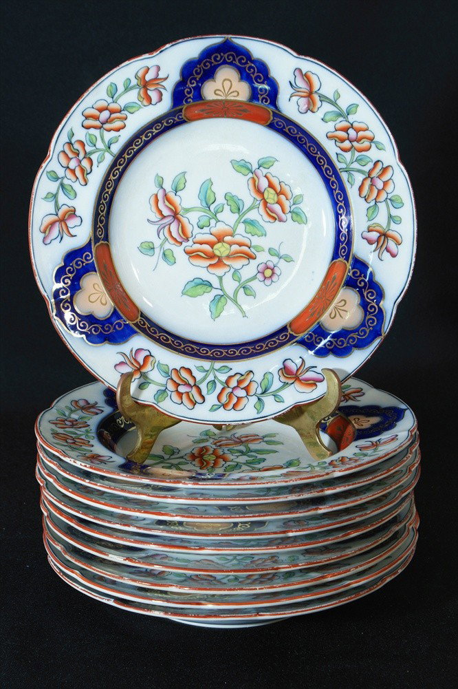 (10) English Ironstone porcelain soup bowls, hairl: (10) English Ironstone porcelain soup bowls, hairline to one, all with crazing, discoloration and wear to enamels consistent with age, 10 1/2" dia, 20th c