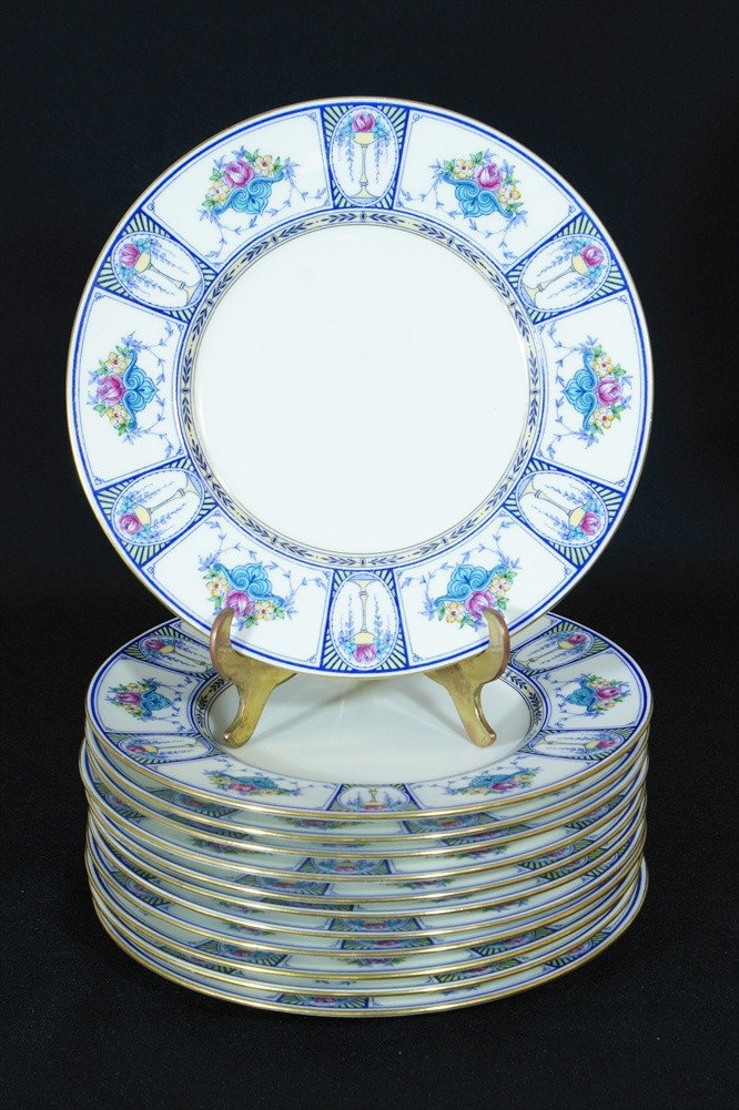(12) Minton porcelain dinner plates, tiny chip to : (12) Minton porcelain dinner plates, tiny chip to foot rim of one plate, some crazing evident, two plates have discoloration to center, 10" dia, 20th c