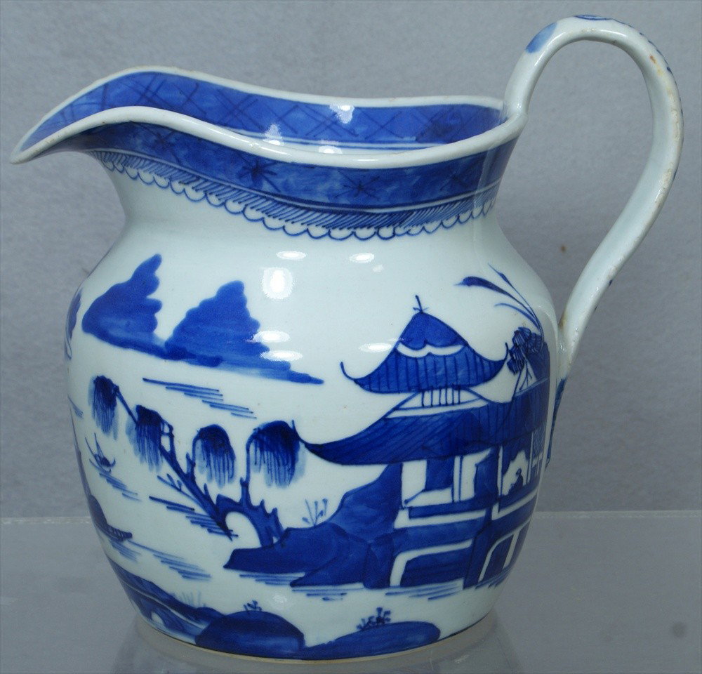 Canton water pitcher, 8" h, frits to handle & rim: Canton water pitcher, 8" h, frits to handle & rim, 19th C