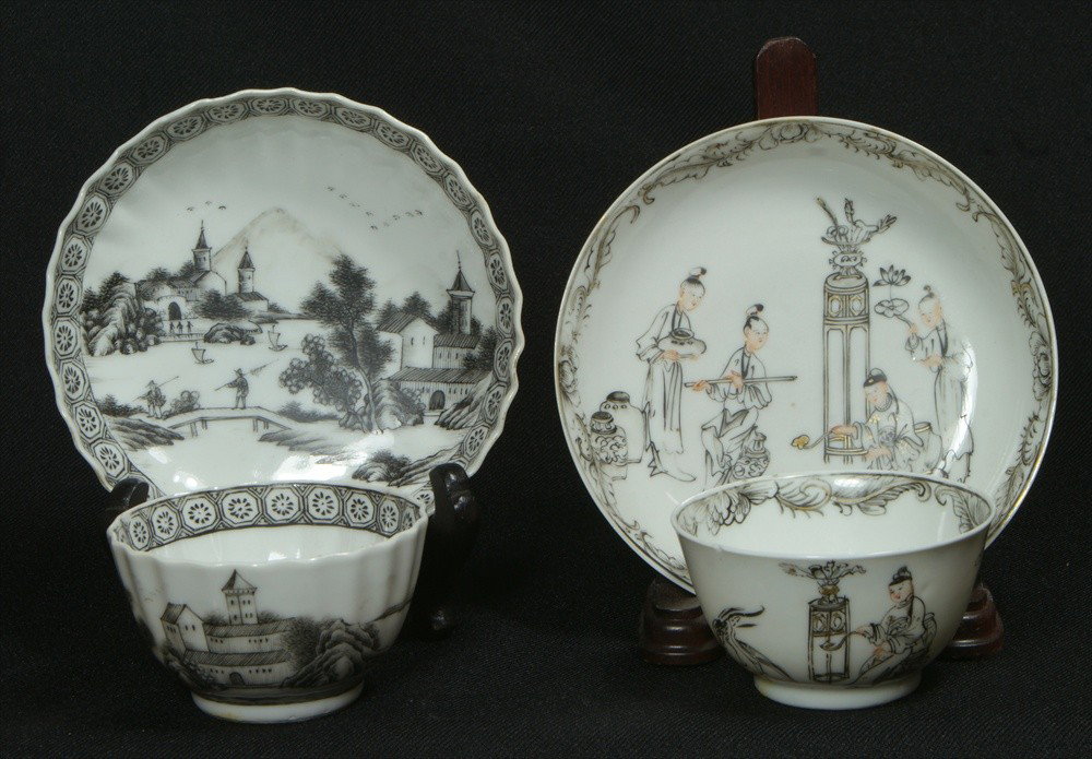 (4) pcs of Chinese export porcelain grisaille deco: (4) pcs of Chinese export porcelain grisaille decorated porcelain to include two cups and saucers, fluted saucer with chip, both the figural cup and saucer have minor chips, largest saucer measures ap