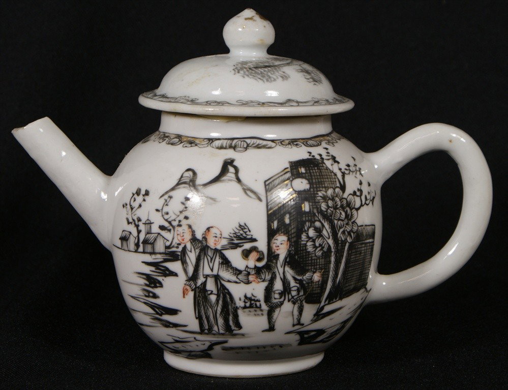Chinese export porcelain grisaille decorated porce: Chinese export porcelain grisaille decorated porcelain teapot, has European figure decoration, wear to gilding, minor frits to teapot lip, approx 5 1/2" h, c 1730-40