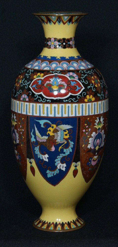 Japanese cloisonne vase, approx 14 1/2" h, has gol: Japanese cloisonne vase, approx 14 1/2" h, has gold stone decoration, minor scratching to enamel, 19th c