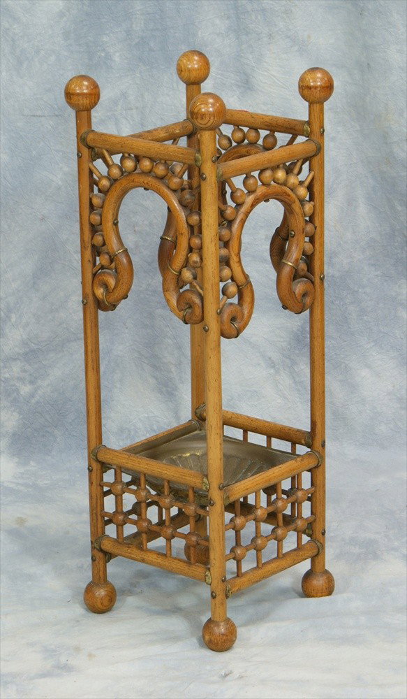 Oak stick & ball umbrella stand with metal drip pa: Oak stick & ball umbrella stand with metal drip pan, 27" h x 9" square