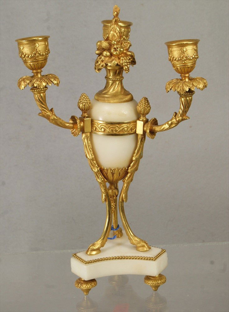 French gilt bronze and alabaster 3 arm candelabra,: French gilt bronze and alabaster 3 arm candelabra, animal hoof foot base, 12" high, slightly bent