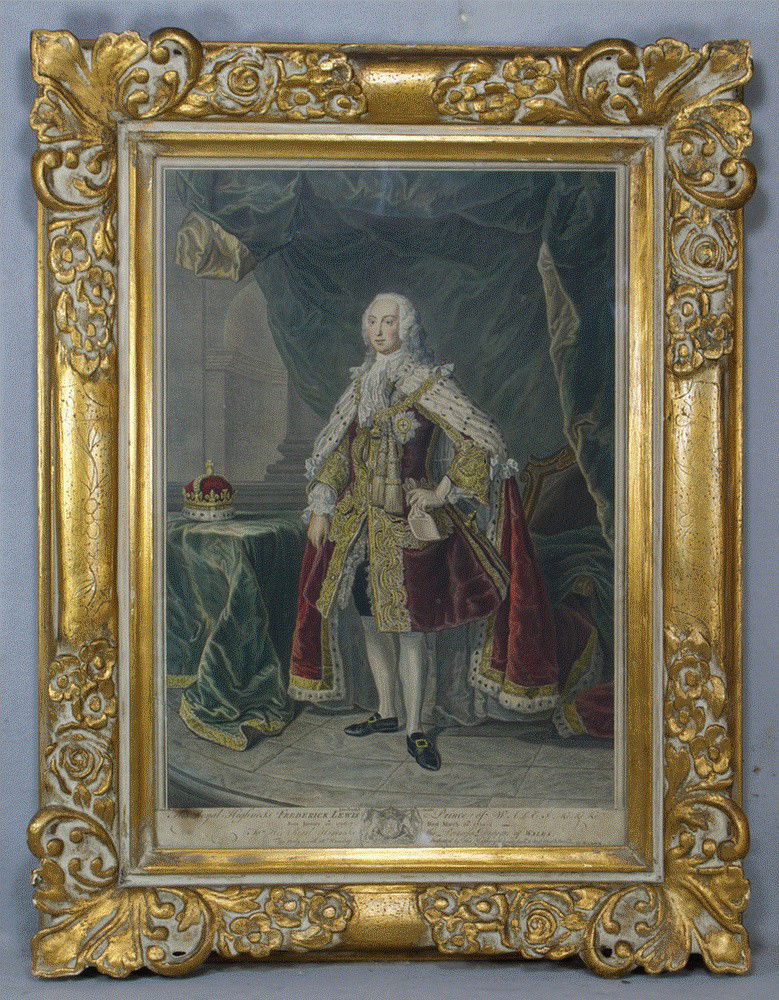 After J. B. Vanloo, colored engraved portrait, His: After J. B. Vanloo, colored engraved portrait, His Royal Highness Frederick Lewis Prince of Wales, by B. Baron, published by John Boydell, appears to be laid down, some losses at bottom edge, generall