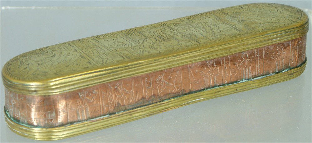 Engraved brass and copper Dutch snuff box, probably: Engraved brass and copper Dutch snuff box, probably 18th c, 7" long