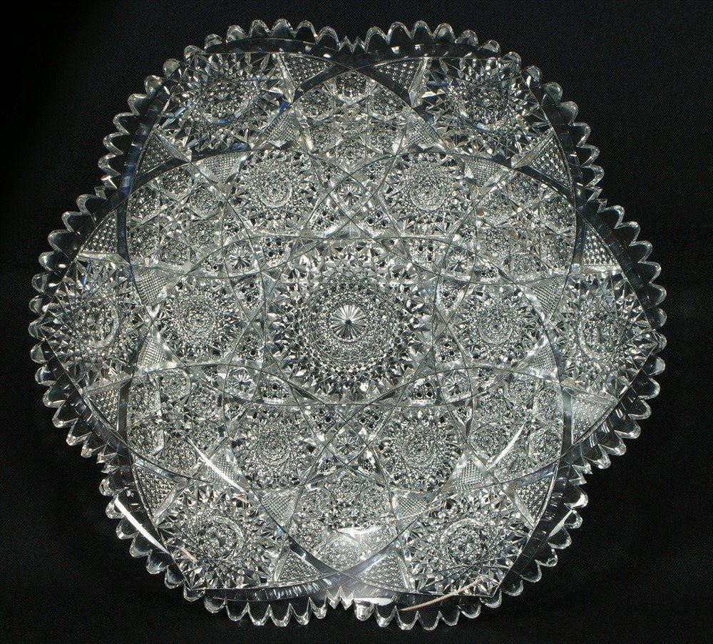 Round brilliant cut glass tray, complex hobstar pa: Round brilliant cut glass tray, complex hobstar pattern, 12" d, no damage noted