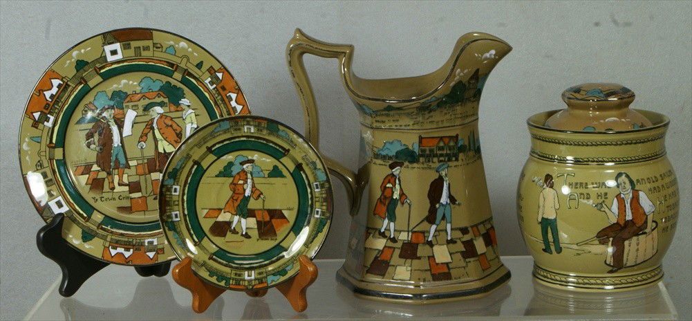 4 pcs Deldare Buffalo pottery, Sailor theme humido: 4 pcs Deldare Buffalo pottery, Sailor theme humidor (2 large chips out of lid), 9" pitcher, no damage, 8 1/2", 6" plates, no damage