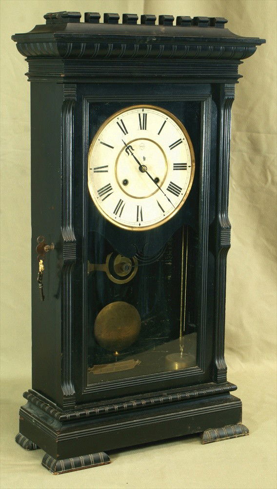 Seth Thomas "Garfield" ebonized double weight driv: Seth Thomas "Garfield" ebonized double weight driven shelf clock, 29" tall