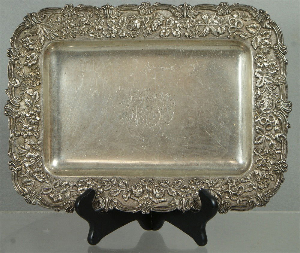 S Kirk & Son sterling silver tray with repousse flo: S Kirk & Son sterling silver tray with repousse floral border, 14 3/8" x 10 1/2", 3 letter mono, some knife marks, 35.9 TO