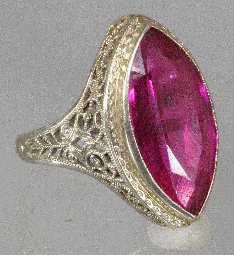 14K WG filigree ring with pink stone, size 4 1/2, 2: 14K WG filigree ring with pink stone, size 4 1/2, 2.4 dwt