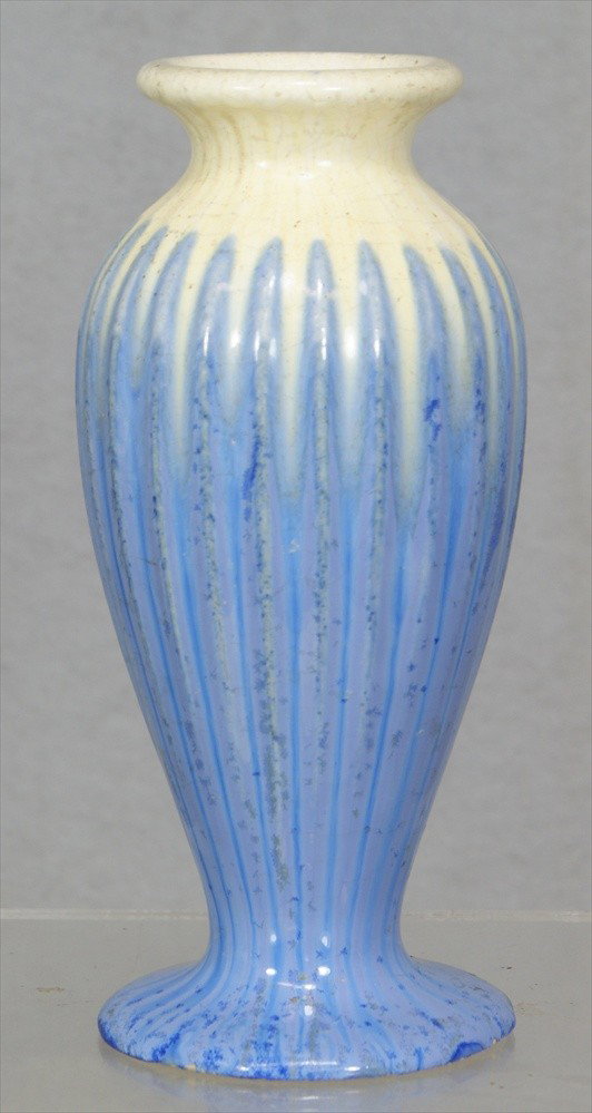 Fulper Pottery, Flemington, NJ vase, c 1920, glaze: Fulper Pottery, Flemington, NJ vase, c 1920, glazed in blue crystalline over white, impressed shape mark "4040" on bottom, 6 1/2" h