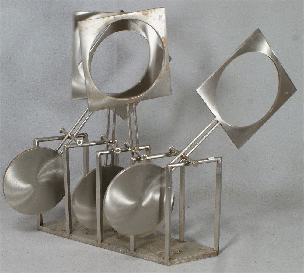 Bruce Stillman stainless steel kinetic sculpture,: Bruce Stillman stainless steel kinetic sculpture, 1984, 1/7, 16 3/4" long, 4" w, 20 1/2" tall