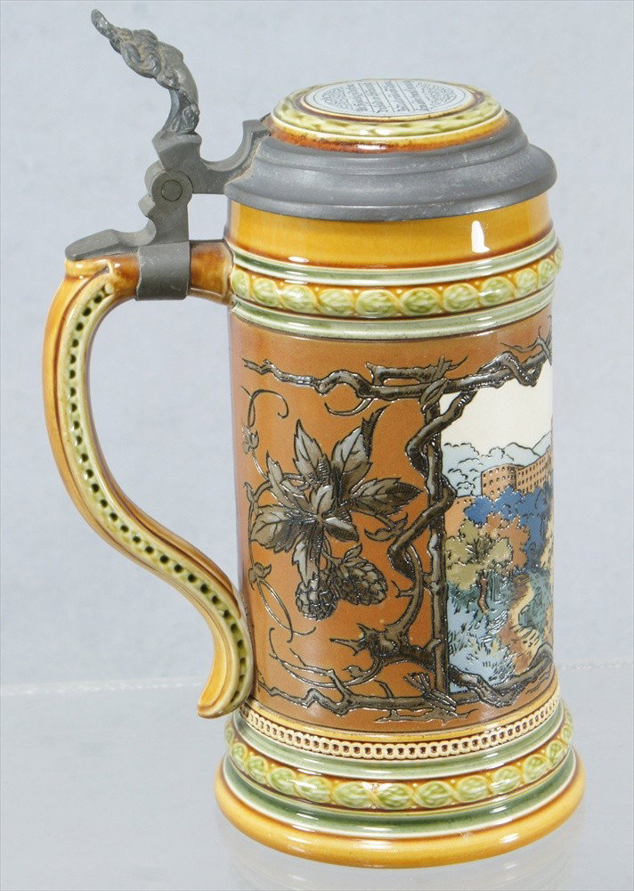 1/2 liter Mettlach stein 1675, no damage or disco: 1/2 liter Mettlach stein 1675, no damage or discoloration, 8 3/4" tall, inset lid, View of Heidelburg