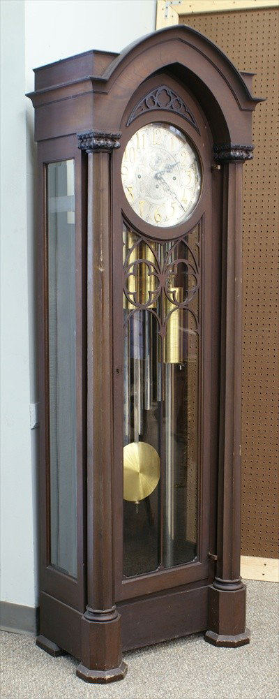 Herschedes 9 tube chiming mahogany hall clock, Go: Herschedes 9 tube chiming mahogany hall clock, Gothic mahogany case,round dial, single door with beveled face glass, 79" h, 24" w